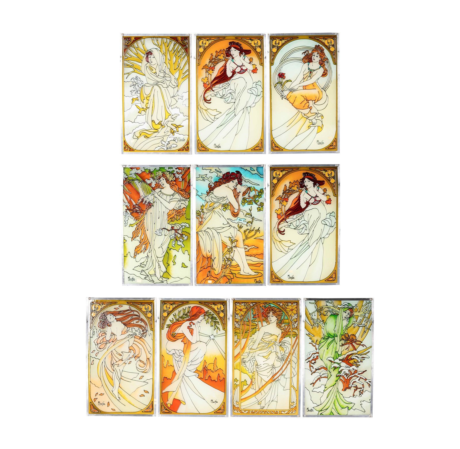 Ten Art Nouveau-Style Glass Panels: each inscribed "Mucha" Each panel: 24 1/2 x 14 1/2 in. (62.2 x 36.8 cm.)