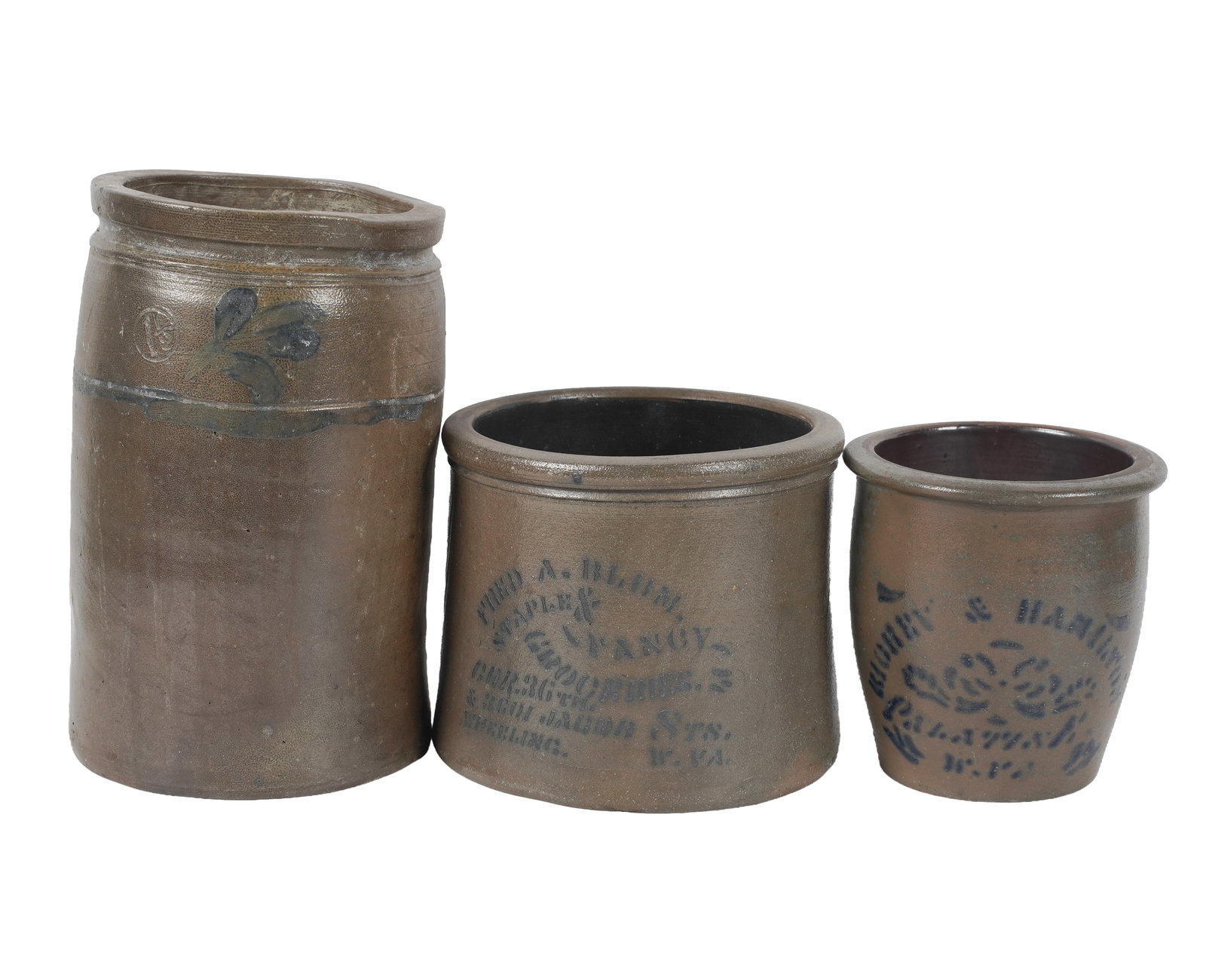 Three Salt Glazed Stoneware Pottery Crocks: 19th century, smallest: 7 in. high, largest: 11 1/2 in. high