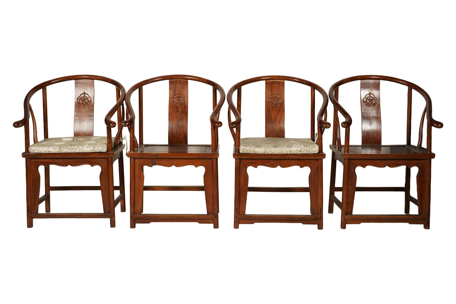 Set of Four Chinese Horse Shoe Back Arm Chairs: 39 x 26 x 28 in., seat height: 19 1/2 in.