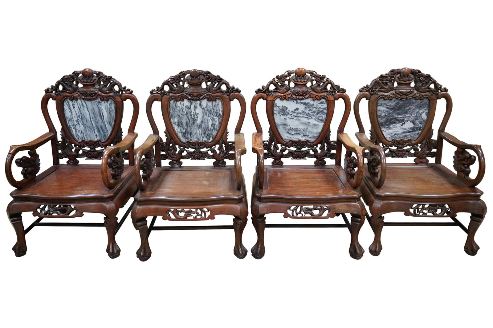 Set of Four Chinese Carved Rosewood and Marble Armchairs: in a traditional design with curved armrests and claw feet; 37 1/2 x 24 x 24 in., Seat height: 14 in.