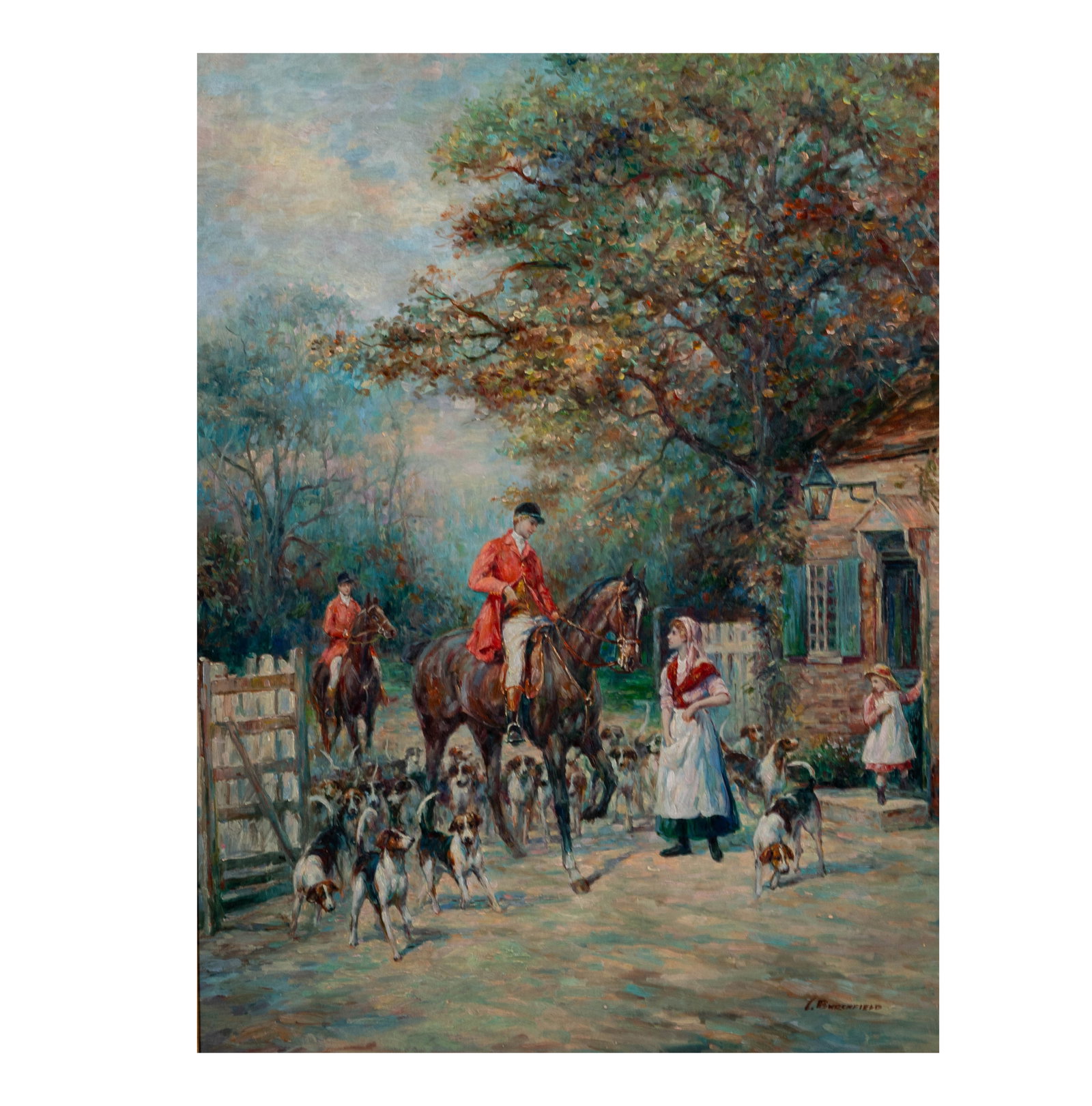 20th Century, Hunt Scene: oil on canvas; signed L. Burchfield, 40 x 30 in., Frame: 53 x 43 1/2 in.