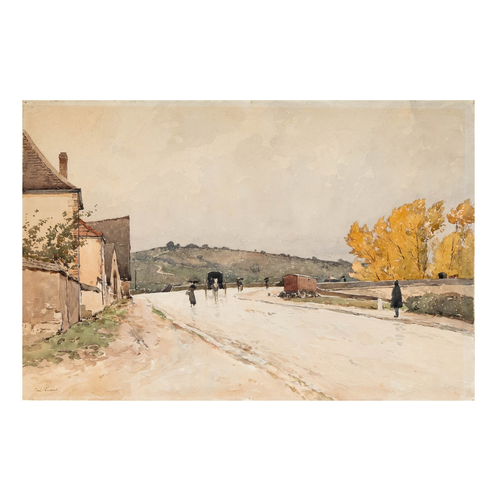 Paul LeComte (French, 1877 -1950): French Street Sccene: watercolor on paper, signed lower left, 13 1/2 x 20 in., frame, 20 1/2 x 26 1/4 in.