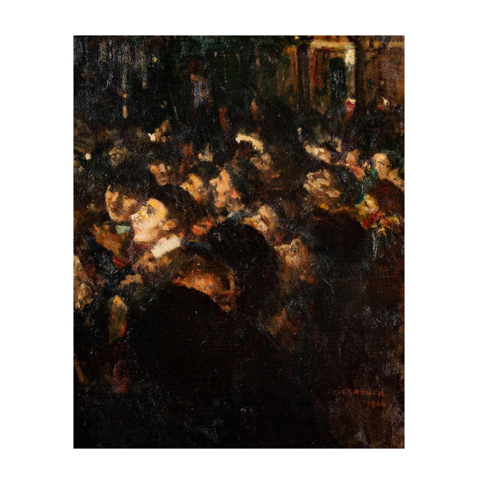 Jules Adler (French, 1865- 1952): The Public: oil on artist board, 1906, signed and dated lower right, 19 3/4 x 16 in.