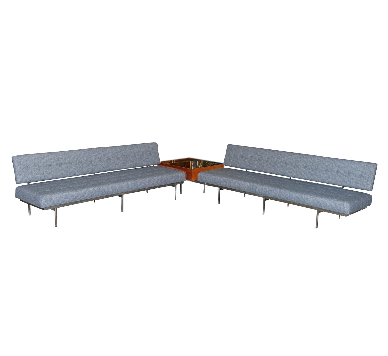 Florence Knoll: Two Sofas and End Table: Knoll Associates, USA, designed c. 1954, manufactured 1961 - 1970, chromed metal and grey wool fabric, one with integrated end table, chromed metal, walnut, glass; with label "Knoll Associates, Inc. /