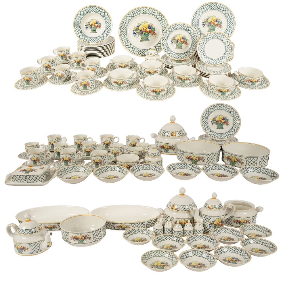 Villeroy & Boch "Basket" Dinner Service: each piece marked to underside, approx. 130 pcs., ranging from: largest teapot: 8 1/2 x 9 1/2 x 5 in. pepper shaker: 3 1/2 x 2 x 2 in.