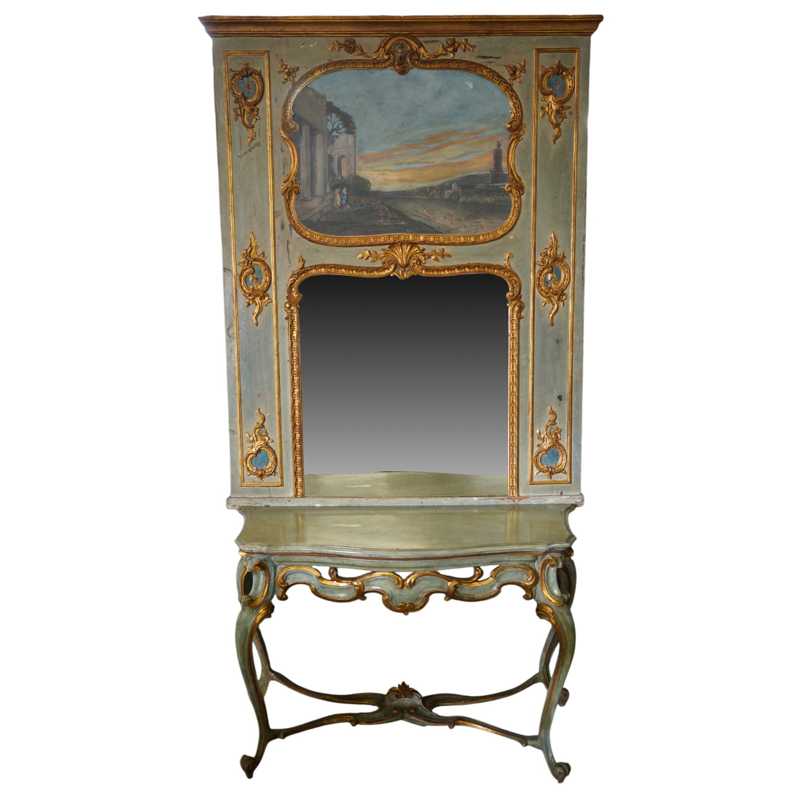 Italian Painted Console and Mirror: Green painted ground with gilt decoration, overall: 102 x 55 x 22 in.