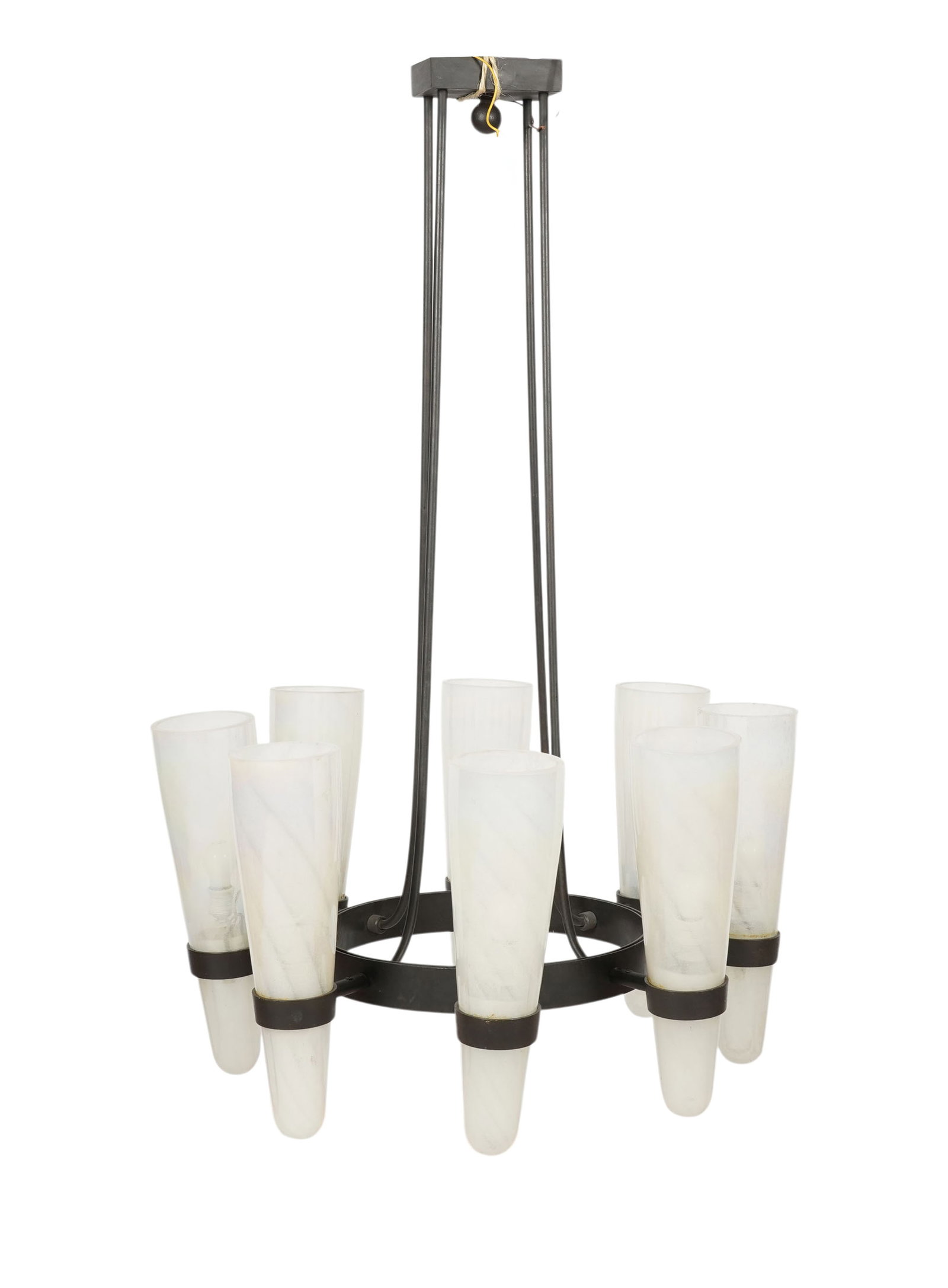 A Contemporary Chandelier: metal with swirl glass shades, with eight lights, 54 x 33 1/2 in.