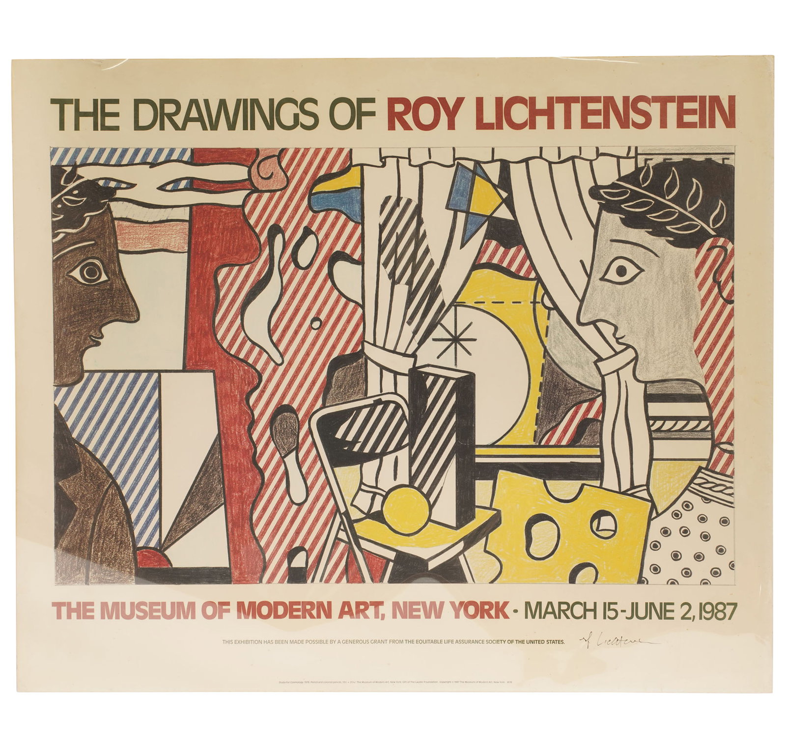 Roy Lichtenstein (AMERICAN, 1923–1997): Signed Exhibition Poster: The Drawing of Roy LIchtenstein, MOMA NY, 1987, signed in pen, 30 x 35 3/4 in. some light foxing, a couple of soft creases, colors look strong