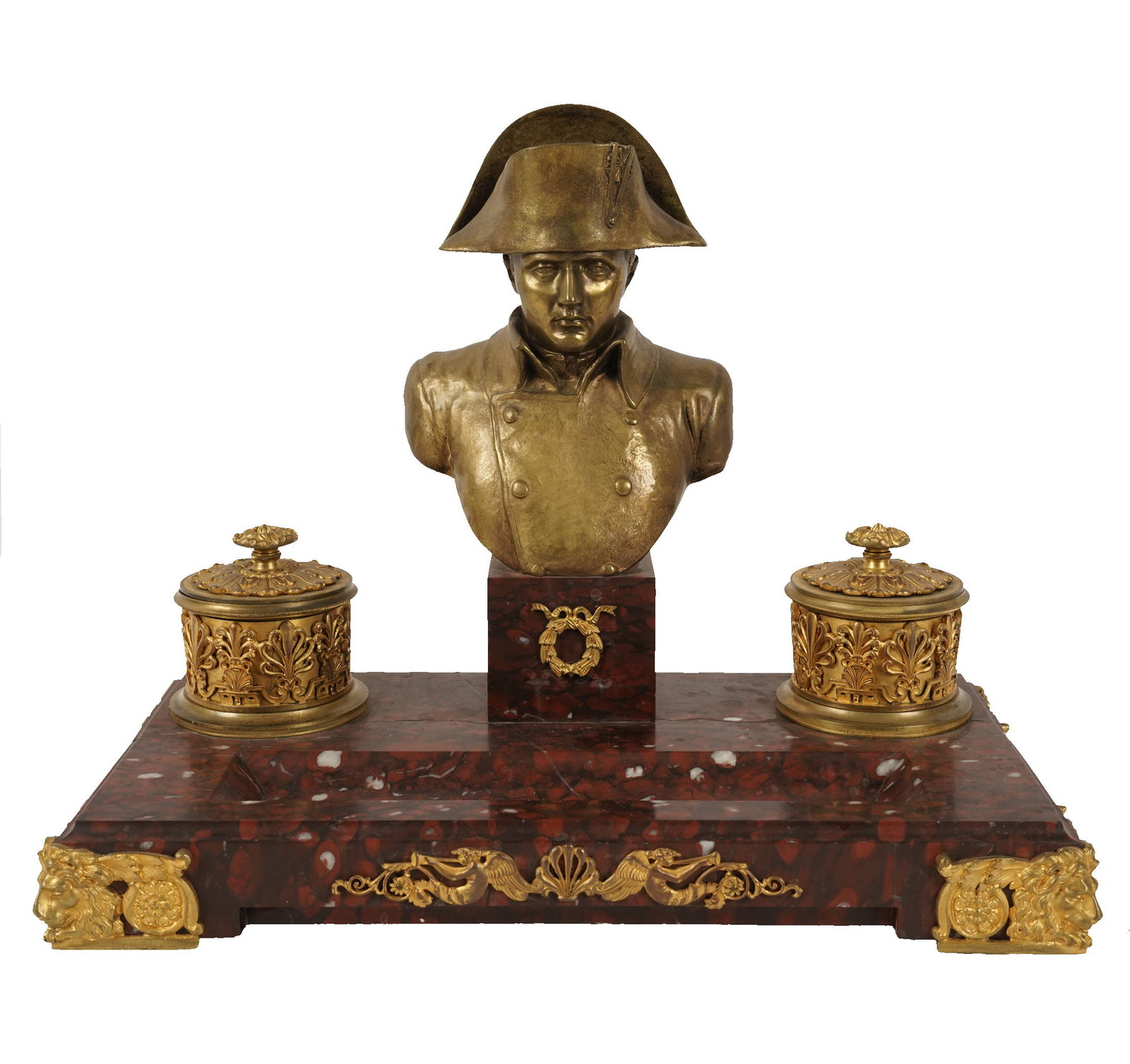 French Empire Gilt Bronze and Marble Napoleon Bonaparte Inkwell: 13 1/4 x 17 x 9 1/4 in.