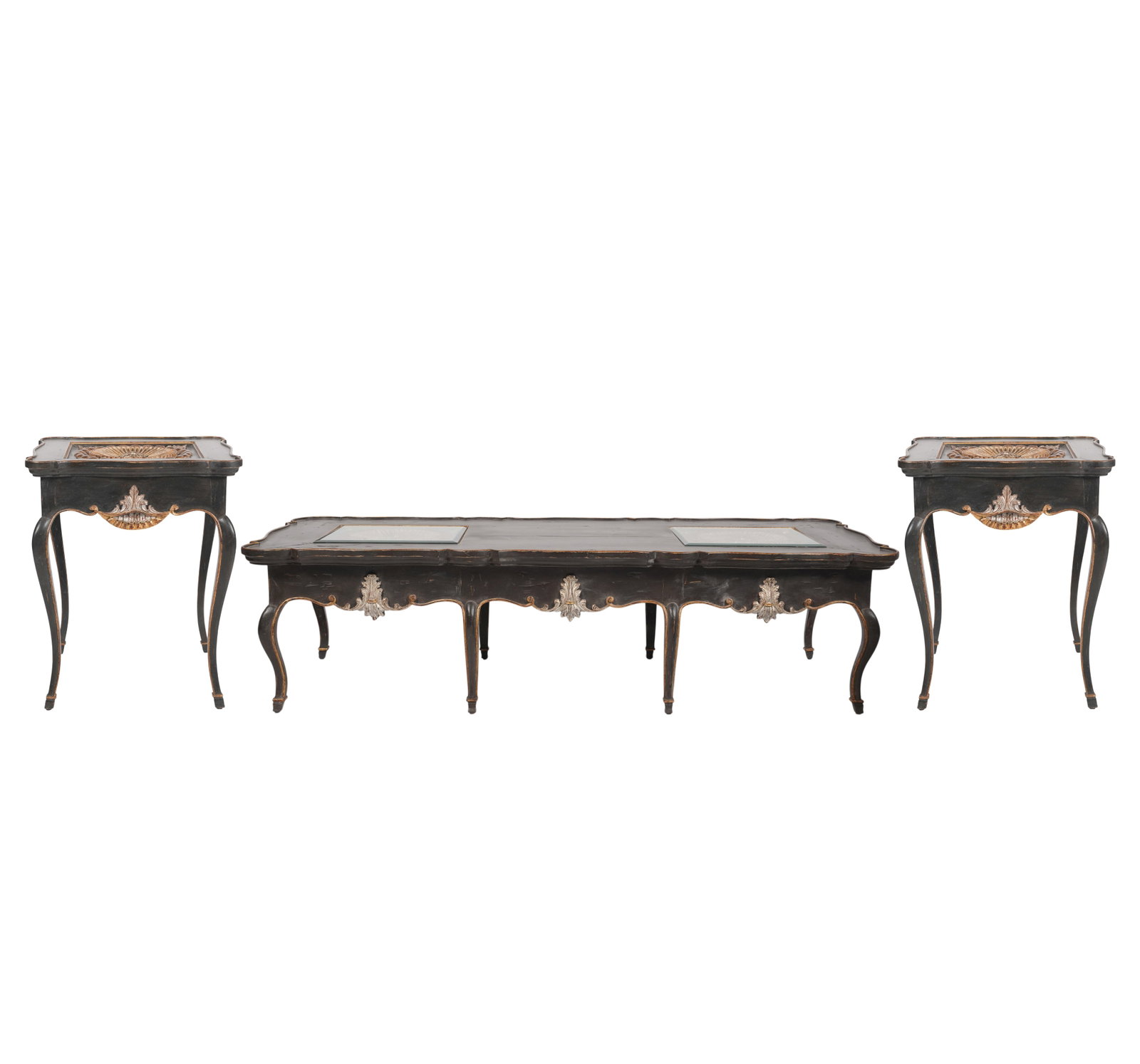 Italian Rococo Style Coffee Table and a Pair of Side Tables: Created by Judson Rothschild for the Rothschild Collection, 2006, "Wheels of Fortune", painted black ground with gilt and silvered highlights, beveled glass inserts, coffee table: 18 x 66 x 27 1/2