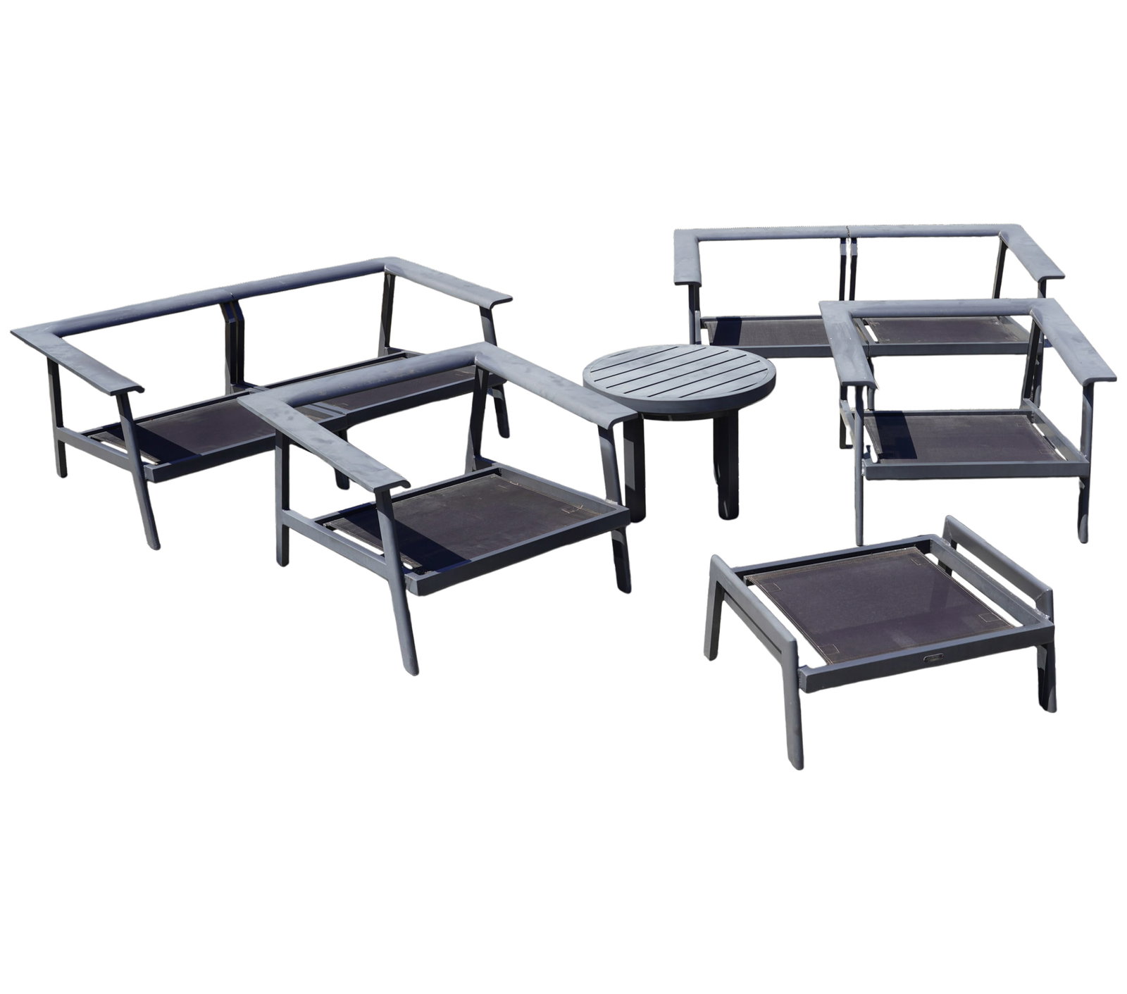 Mallin Patio Set: 2 Settee, 2 chairs( 23 3/4 x 35 x 33 1/2 in) ottoman and table (19 1/2 x 26 in.)