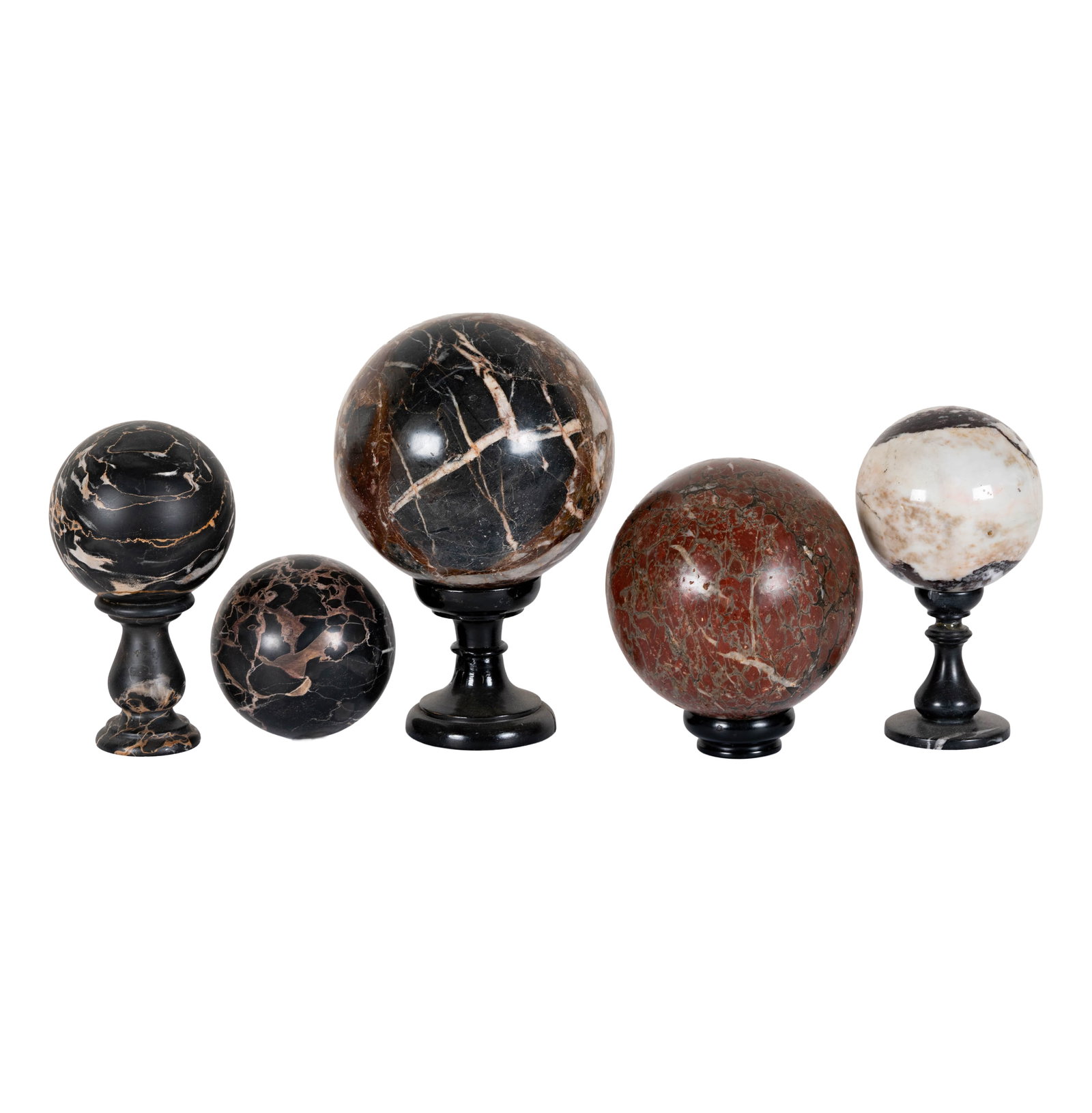 A Collection of Grand Tour Specimen Marble Spheres: 19th century, comprising five spheres ranging from 4 1/2 to 7 inches diameter estate of the late prominent Los Angeles defense attorney Barry Tarlow, Bel Air