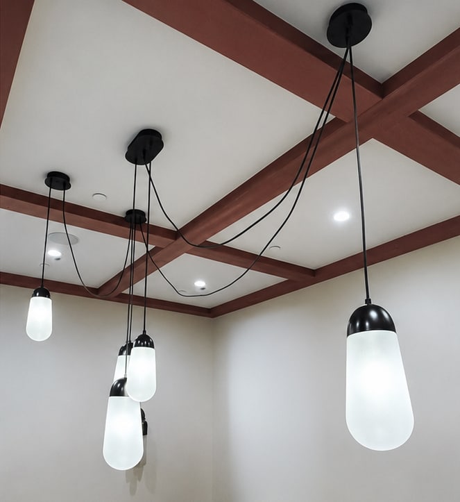 Modern Silvered Metal and Glass Five-Light Tethered Ceiling Fixture: with original boxes