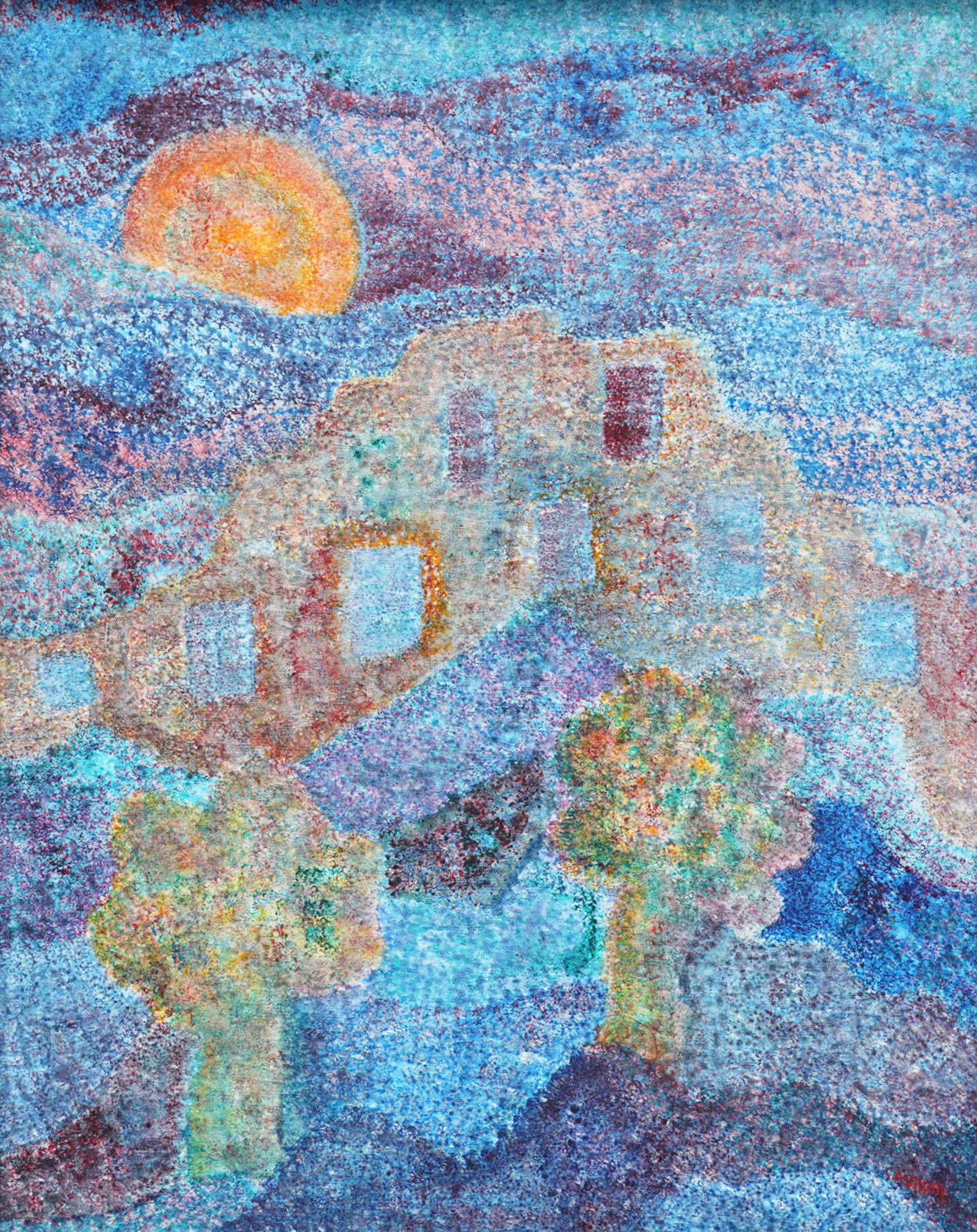Simon Avissar (b. 1938), Village Sunrise: acrylic on canvas, signed lower right, 30 x 24 in., frame: 38 1/2 x 32 1/2 in.