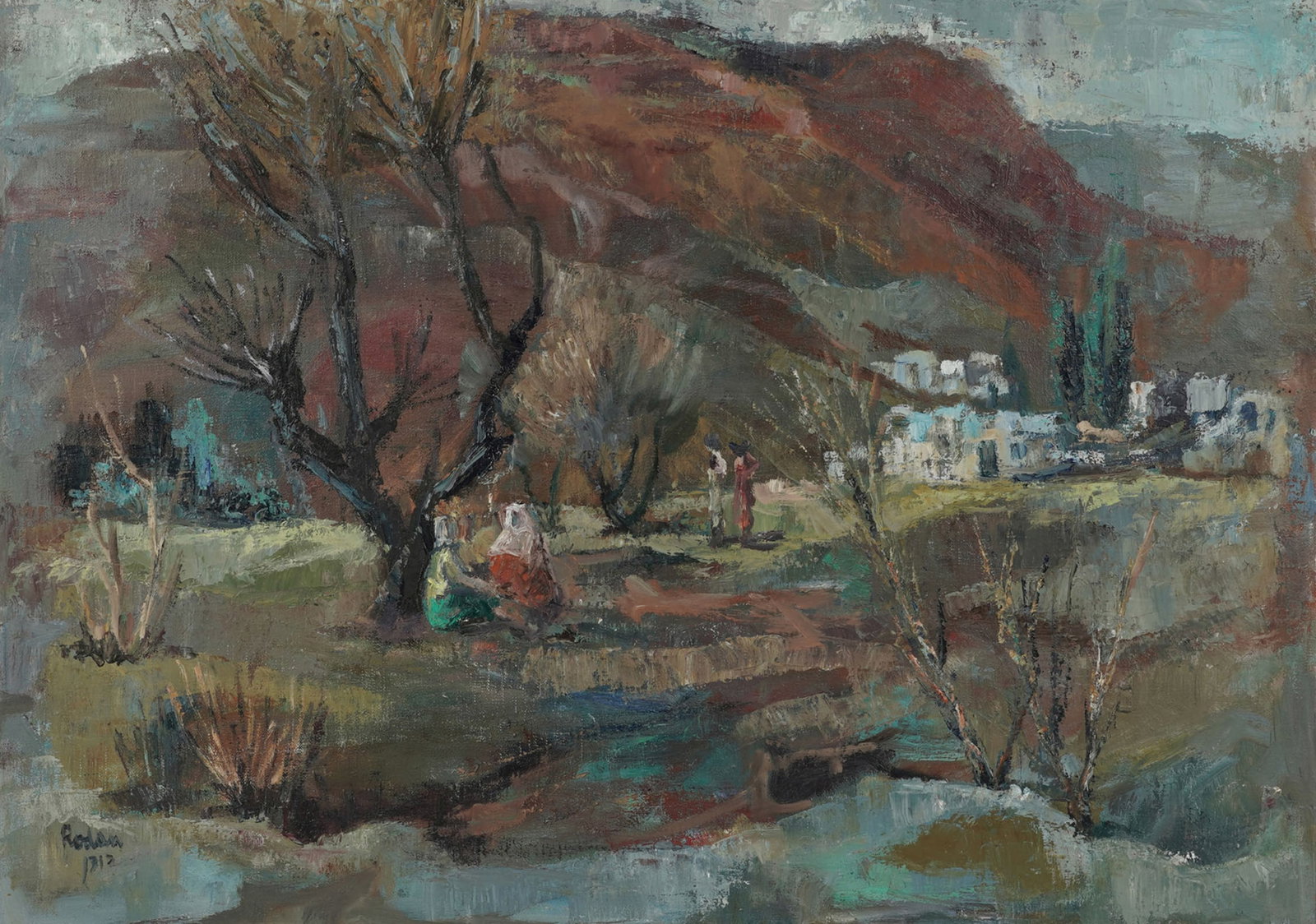 Jehuda Rodan (1916-1985), Figures in Landscape: oil on canvas, signed lower left, 25 3/4 x 36 1/4 in., frame: 33 1/2 x 44 1/2 in.