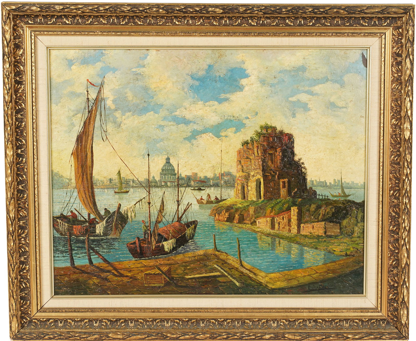 Pietro Maggiore, 19th Century, Roman Harbor Scene: oil on canvas, signed lower right, canvas: 17 3/4 x 22 1/2 in., frame: 23 1/2 x 28 in.