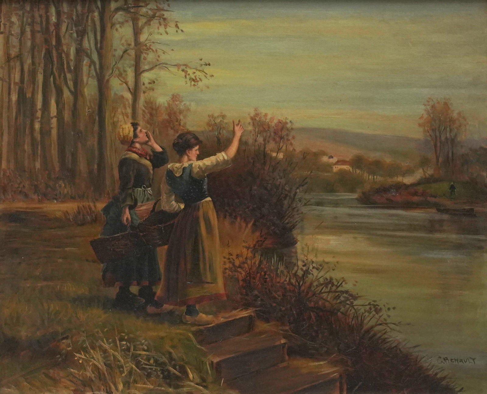 Dutch School, Two Figures in Landscape: oil on canvas, signed lower right, 21 x 26 in., frame: 28 1/2 x 33 1/2 in.