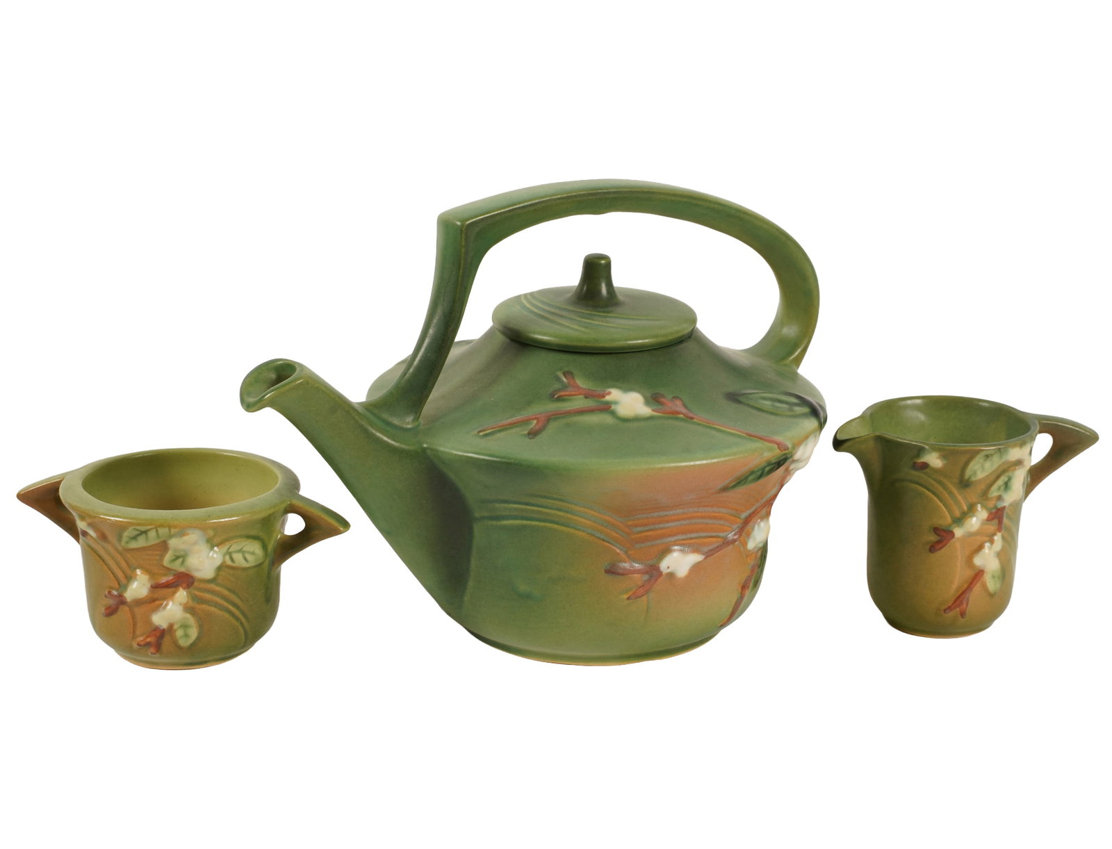 Three-Piece Roseville Snowberry Tea Service: marked to underside, teapot: 7 1/4" x 10 1/4" creamer: 3 1/2 x 4 1/2 x 3 in.