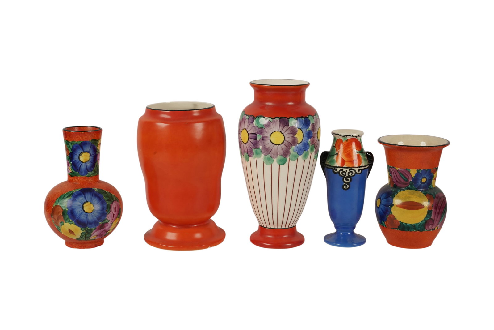 A Collection of Vintage Painted Czech Pottery: 5 pieces. Orange and blue ground colors with florals. tallest vase: 10 1/2 in.