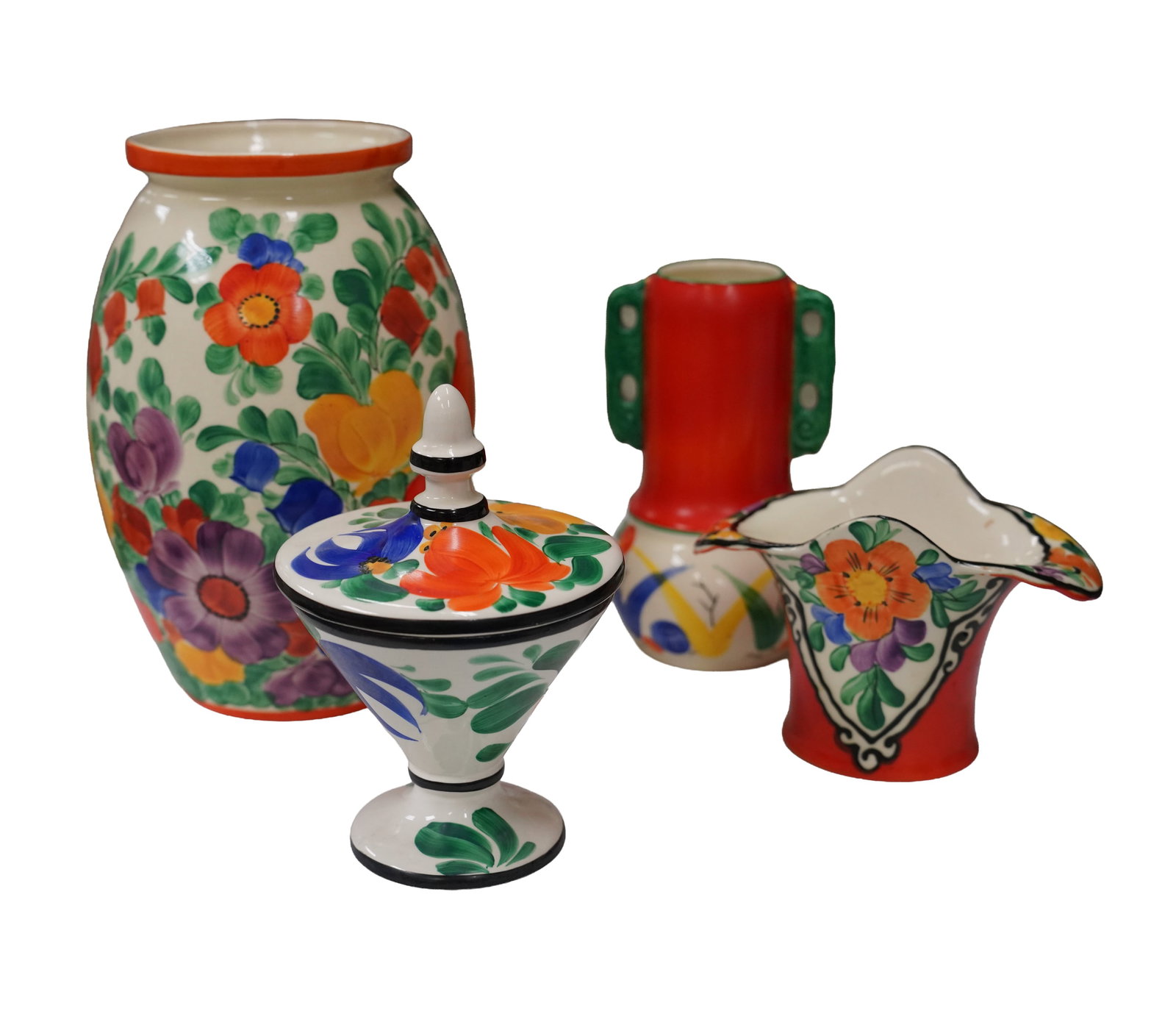 A Collection of Vintage Painted Czech Pottery: Various shapes, patterns, and floral designs. 4 pieces. Tallest vase; 11 ins.
