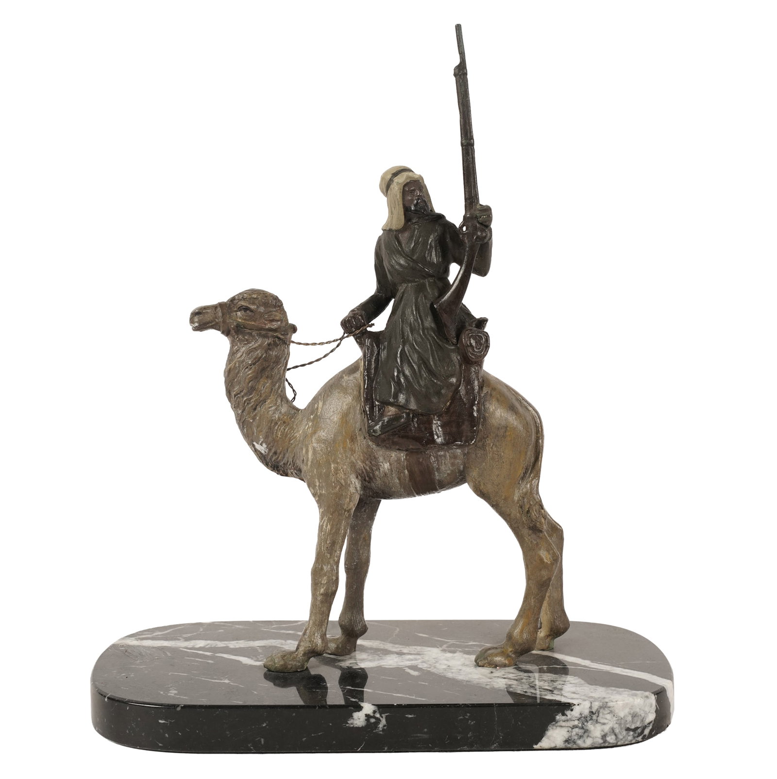 Orientalist Bronze Horse and Rider: on black and white marble base, bronze: 11 x 6, base: 1 x 10 x 5 in.