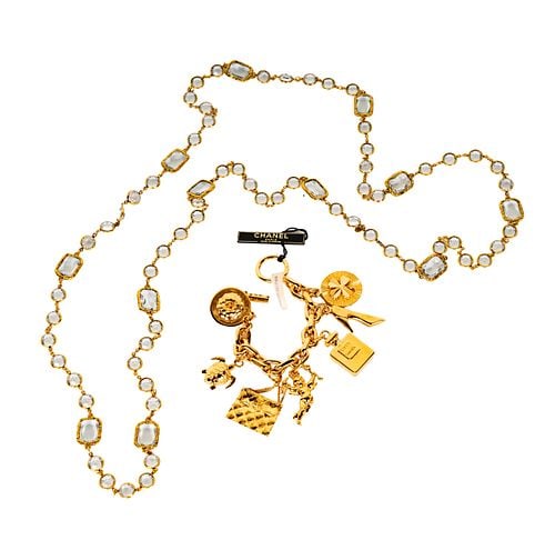 Chanel Glass Necklace with Charm Bracelet: Buyer's Premium is 25% on Abell.com Buyer's Premium is 28% on Liveauctioneers.com Including one gold-tone charm bracelet, with signs of tarnishing, measuring 7-3/4 inches long, and one endless glass