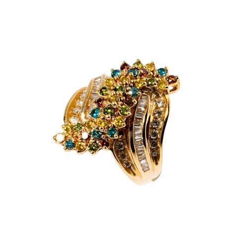 14 Karat Yellow Gold, Diamond Ring: Buyer's Premium is 25% on Abell.com Buyer's Premium is 28% on Liveauctioneers.com Including one 14 karat yellow gold diamond and multi-color treated diamonds, 52 natural diamonds [J-L/SI3] weighing