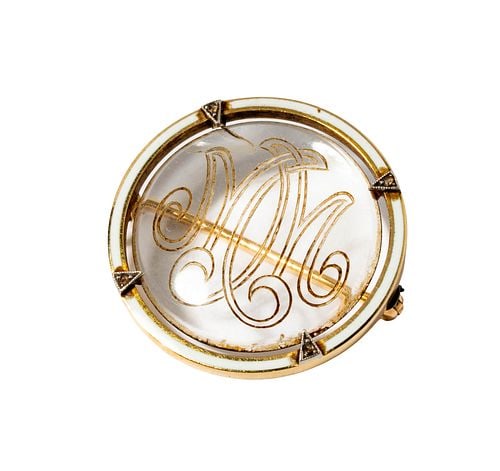 Cartier 14 Karat Yellow Gold, Enamel and Diamond Brooch: Buyer's Premium is 25% on Abell.com Buyer's Premium is 28% on Liveauctioneers.com Including one vintage Cartier 14 karat yellow gold enamel and diamond brooch, measuring 1 inch in diameter and