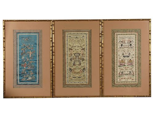 Three Chinese Framed Textiles: Buyer's Premium is 25% on Abell.com Buyer's Premium is 28% on Liveauctioneers.com sight: 23 1/2 x 11 1/2 in., frame 31 3/4 x 19 3/4 in.