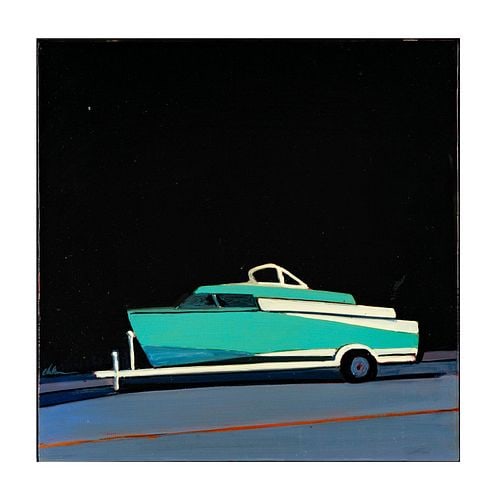 Melissa Chandon (B. 1952), 50's Boat on Black: Buyer's Premium is 25% on Abell.com Buyer's Premium is 28% on Liveauctioneers.com oil on canvas, signed lower left, signed and titled verso, 20 x 20 in., frame: 22 x 22 in.
