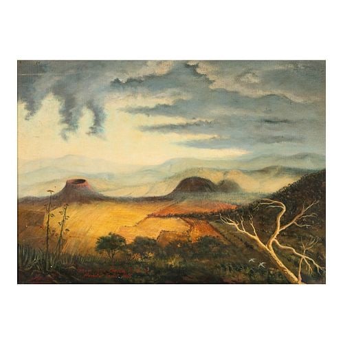 Horacio Renteria Rocha (1912-1972), Taxco Volcano Landscape: Buyer's Premium is 25% on Abell.com Buyer's Premium is 28% on Liveauctioneers.com oil on canvas on board, 1965, signed and dated, with artist's inscription "Para mi hija Berta"(For my daughter