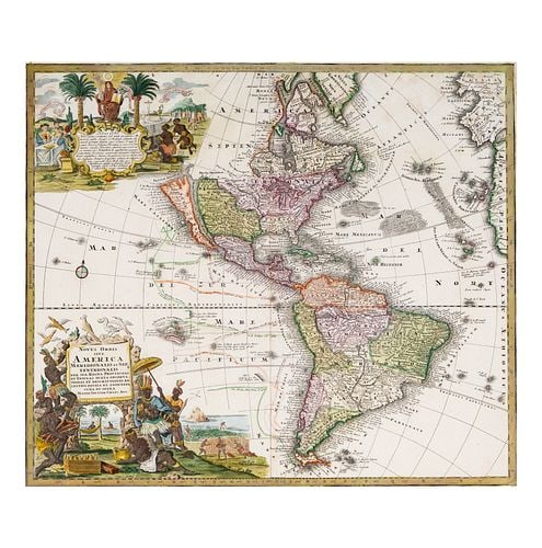 Matthaus Seutter (1678 - 1757): Novus Orbis Sive America Meridionalis et Septentrionalis: Buyer's Premium is 25% on Abell.com Buyer's Premium is 28% on Liveauctioneers.com copperplate engraving with hand color showing the known Western Hemisphere with California as an island; also present 