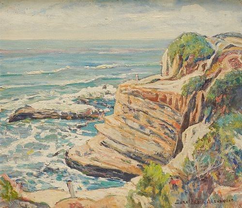 Dora Block Alexander (California, 1888-1980), Cliffs and Sea, San Diego: Buyer's Premium is 25% on Abell.com Buyer's Premium is 28% on Liveauctioneers.com oil on board, signed lower right, 20 x 23 in.