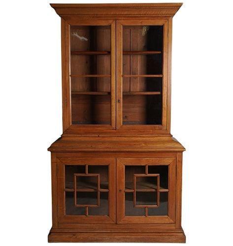 Two Part Glass Front Bookcase: Buyer's Premium is 25% on Abell.com Buyer's Premium is 28% on Liveauctioneers.com overall: 93 x 53 x 18 1/4 in.