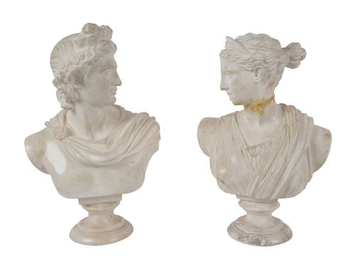 Pair of Carved Marble Neoclassical Busts: Buyer's Premium is 25% on Abell.com Buyer's Premium is 28% on Liveauctioneers.com depicting Apollo and Diana, Apollo: 22 1/4 x 13 3/4 x 7in., Diana: 20 3/4 x 13 1/2 x 7 in.