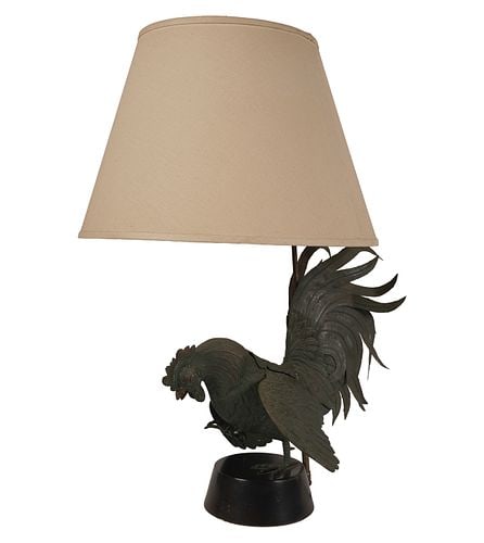 Rooster Bronze Table Lamp: Buyer's Premium is 25% on Abell.com Buyer's Premium is 28% on Liveauctioneers.com mounted to wood base, 32 x 19 x 28 in.