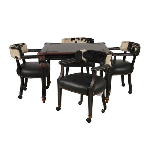 Hickory Game Table with Four Leather and Hide Chairs: Buyer's Premium is 25% on Abell.com Buyer's Premium is 28% on Liveauctioneers.com Hickory Furniture tag to underside, table: 30 1/2 x 43 x 43 in., chairs: 31 1/2 x 24 1/4 x 20 in., seat height: 20 in.