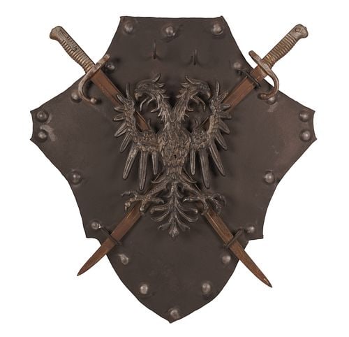 Wall Mounted Iron Shield with Crossed Bayonets and Hapsburg Symbol (1 of 11)