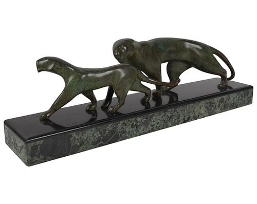 French Art Deco Bronze Panther Group: Buyer's Premium is 25% on Abell.com Buyer's Premium is 28% on Liveauctioneers.com in the style of Michel Decoux, bronze on marble base, 6 x 20 x 4 1/4 in.