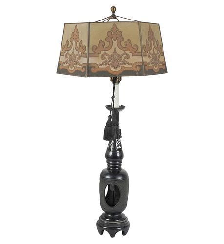 A Dark Metal Altar Candlestick Style Lamp with Vintage Lamp Shade (1 of 12)