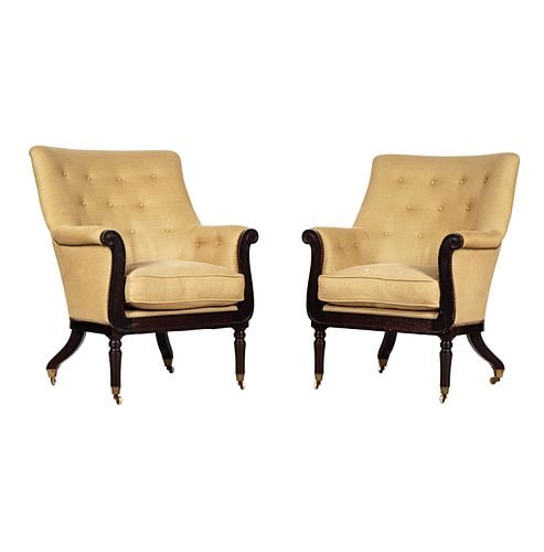 Pair of George Smith Upholstered Armchairs: Buyer's Premium is 25% on Abell.com Buyer's Premium is 28% on Liveauctioneers.com 37 1/2 x 28 x 31 in., seat height: 17 in.