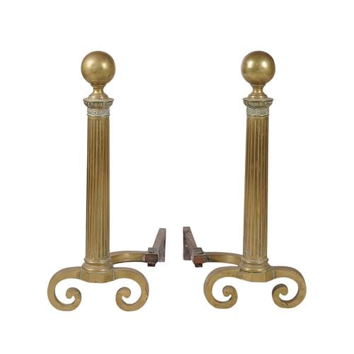 Pair of Empire-Style Brass Andirons: Buyer's Premium is 25% on Abell.com Buyer's Premium is 28% on Liveauctioneers.com 31 in. tall