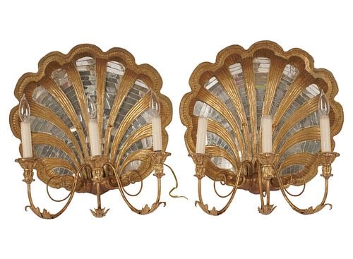 Pair of Italian GIltwood Shell-Form Sconces: Buyer's Premium is 25% on Abell.com Buyer's Premium is 28% on Liveauctioneers.com three light with mirrored shell back, 20 x 19 1/2 x 14 in.,