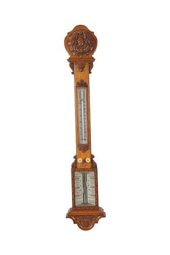 English Carved Wood Barometer: Buyer's Premium is 25% on Abell.com Buyer's Premium is 28% on Liveauctioneers.com early 20th century, labeled W.F Stanley, London Bridge, 42 1.2 x 8.5 in.