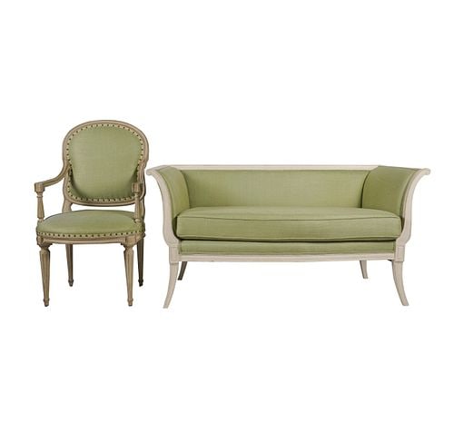 Dennis and Leen Upholstered Settee and Armchair: Buyer's Premium is 25% on Abell.com Buyer's Premium is 28% on Liveauctioneers.com Settee: 30 x 60 x 24 1/4 in., seat height: 20 in., chair: 41 x 23 1/4 x 21 in., seat height: 18 in.