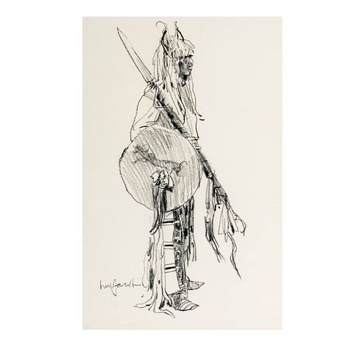 Ned Jacob (1938-2025), Bear Spear: Buyer's Premium is 25% on Abell.com Buyer's Premium is 28% on Liveauctioneers.com charcoal on paper, signed lower left, sight: 24 x 15 1/2 in., frame: 33 1/2 x 25 1/4 in.