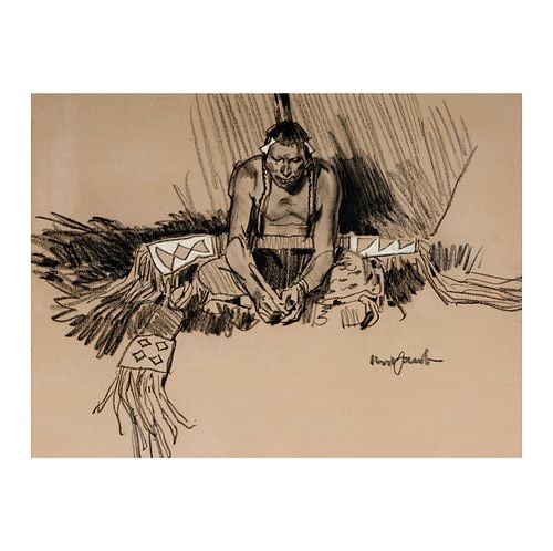 Ned Jacob (1938-2025), North Backfoot Portrait: Buyer's Premium is 25% on Abell.com Buyer's Premium is 28% on Liveauctioneers.com charcoal on paper. signed lower right, sight: 17 3/4 x 23 3/4 in., frame: 26 1/4 x 32 1/4 in.