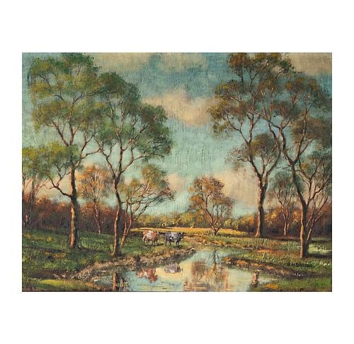 George H. Barker (B.1920),: Buyer's Premium is 25% on Abell.com Buyer's Premium is 28% on Liveauctioneers.com oil on canvas, Pastoral scene, with meadows, pond, and grazing cows. Nice original period frame., canvas: 26 x 20 in.,