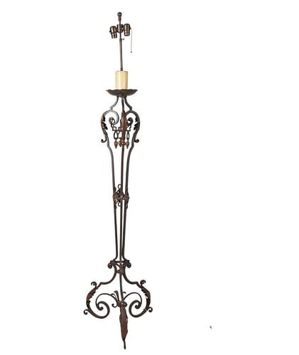 Iron and Tole Torchiere Floor Lamp: Buyer's Premium is 25% on Abell.com Buyer's Premium is 28% on Liveauctioneers.com 71 x 17 in.