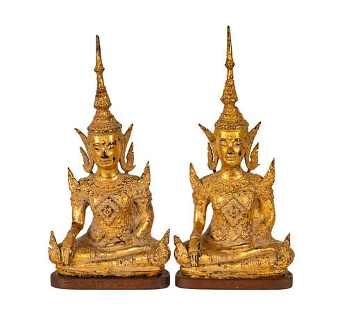 Pair of Thai Gilt Bronze Seated Figures: Buyer's Premium is 25% on Abell.com Buyer's Premium is 28% on Liveauctioneers.com unsigned, each: 13 x 6 1/4 x 3 1/2 in. Property from a Beverly Hills Estate